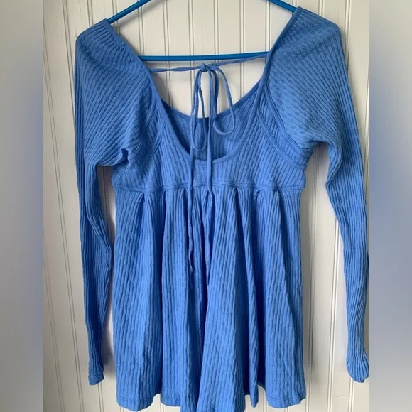 Free People (XS) Blue,Round Neck with Tie Back, Long Sleeve, 100% Cotton - Picture 3 of 7